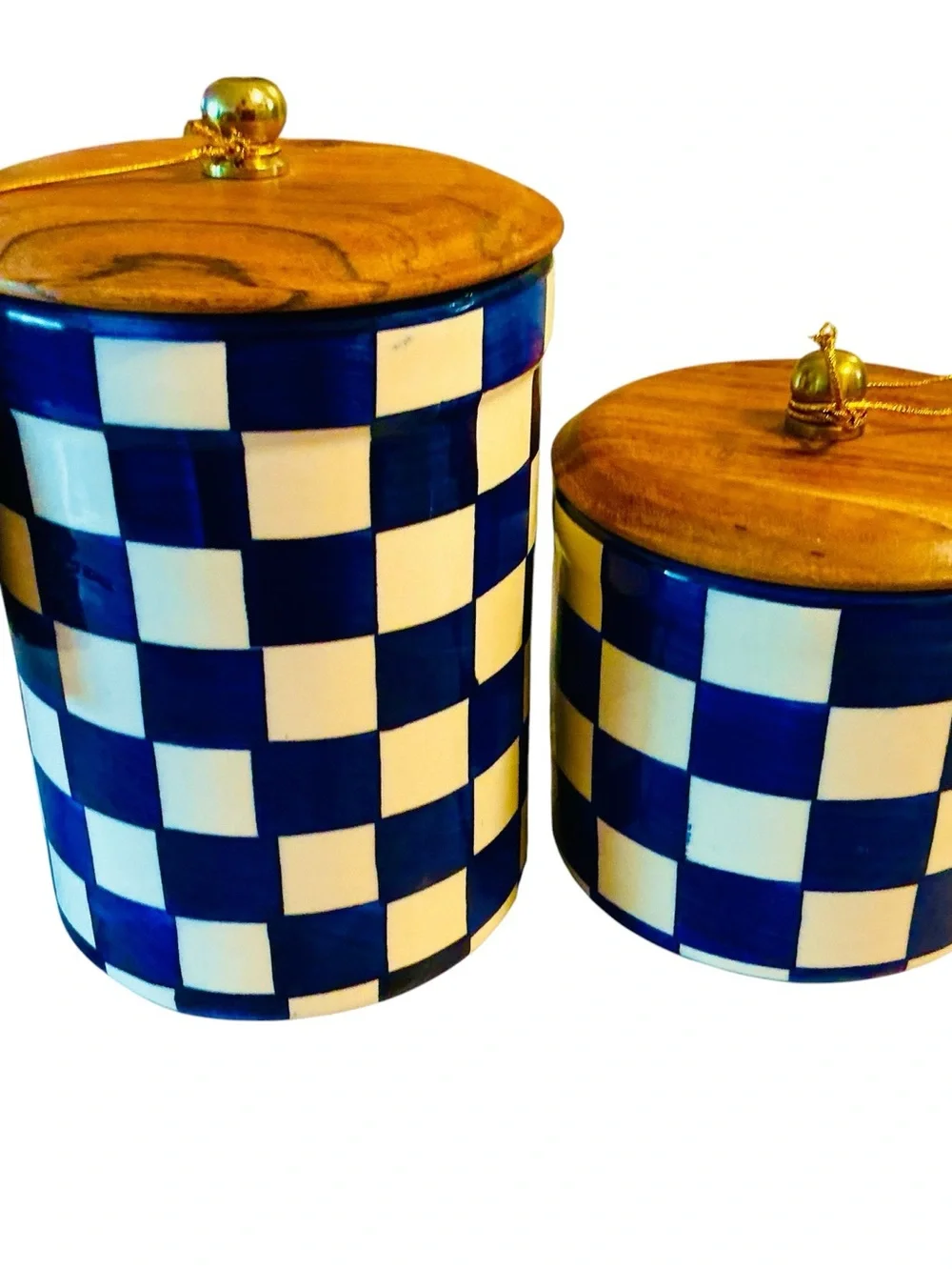Hand-Painted Checkered Ceramic Jar with Wood Lid